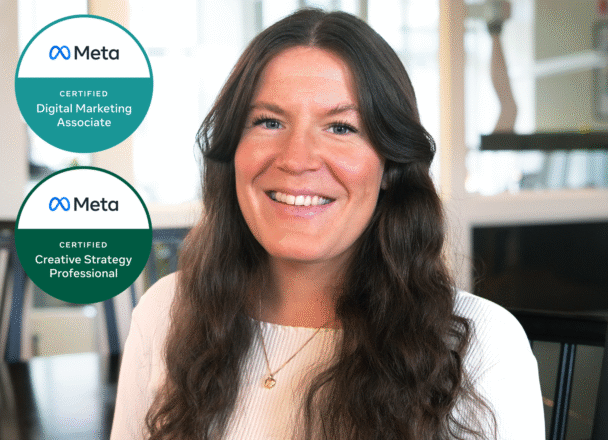 Social Media Mananger Sara Andersson med certifierad Digital Marketing Associate och Creative Strategy Professional av Meta logga