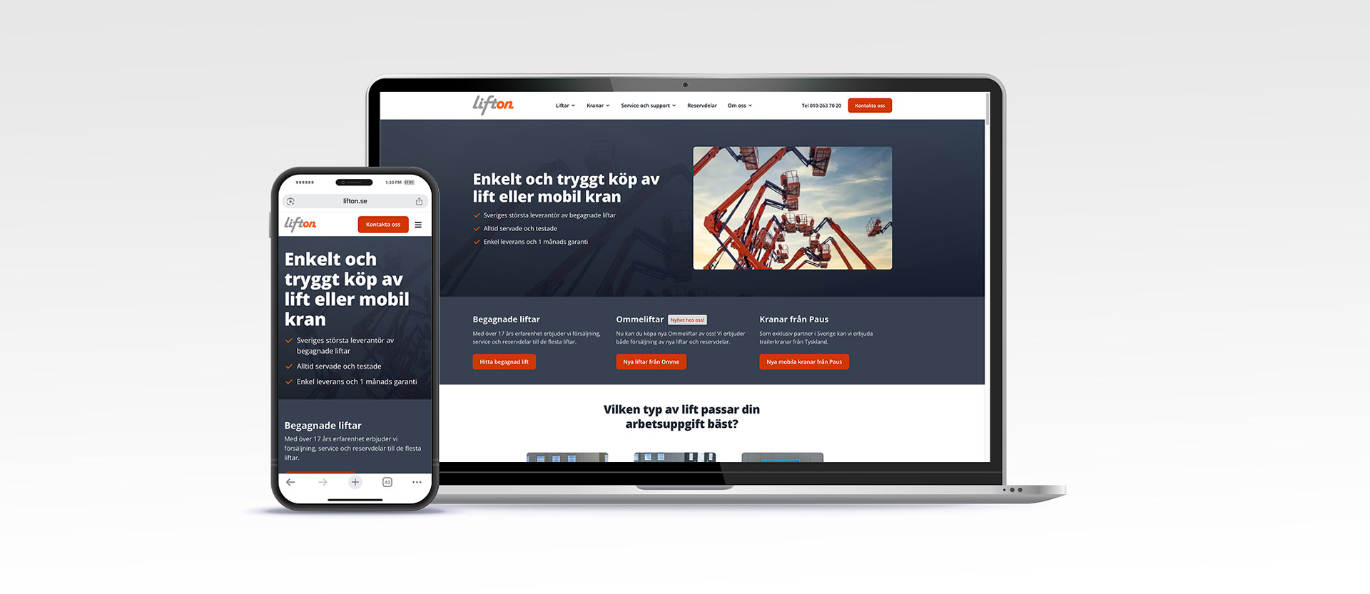En laptop och en smartphone som visar startsidan på Liftons nya webbplats skapad av Panang Kommunikation