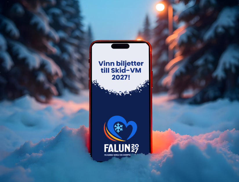 En snöfylld skogsmiljö med en mobiltelefon som visar Skid-VMs exempelgrafik med texten 