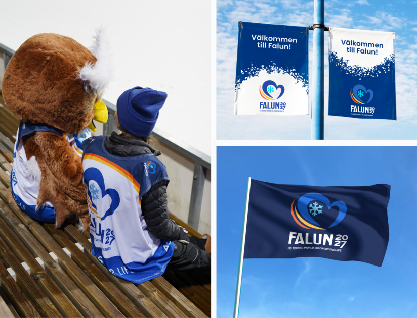 Venue dressing med Skid VM 2027s nya grafiska uttryck som syns i samband med mästerskapen i backhoppning i Falun, november 2025.