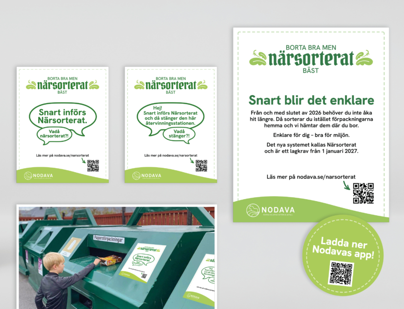Bilder på dekaler med information om Närsorterat.